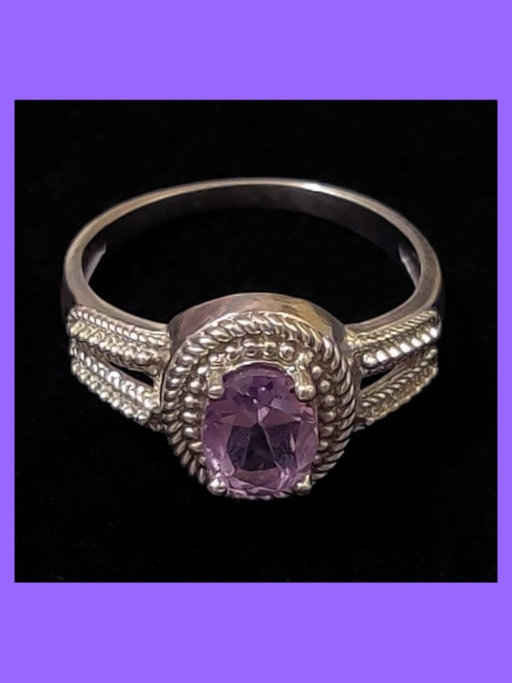 Sterling Silver Amethyst Ring Size 8 - Oval Purple Rope Design - Thailand NF 925